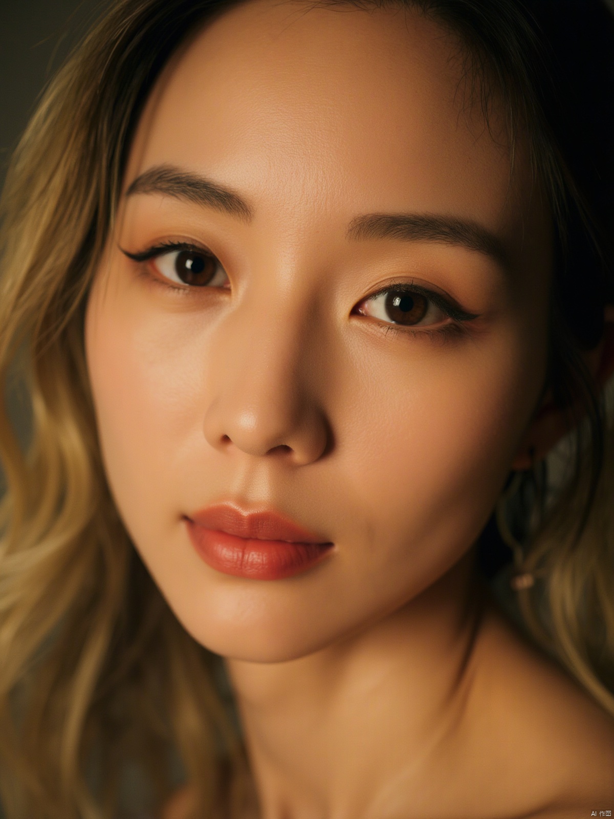 A captivating close-up shot of a stunning woman's face, captured under the iconic 35mm Kodak camera. The lens frames her features with precision, emphasizing the curves of her cheekbones and the gentle slope of her nose. Soft, golden light from above illuminates her porcelain skin, accentuating the subtle contours of her eyebrows and the delicate shape of her lips. Her eyes, like two shimmering pools of sapphire, seem to hold a thousand secrets, inviting the viewer to linger and behold her beauty.