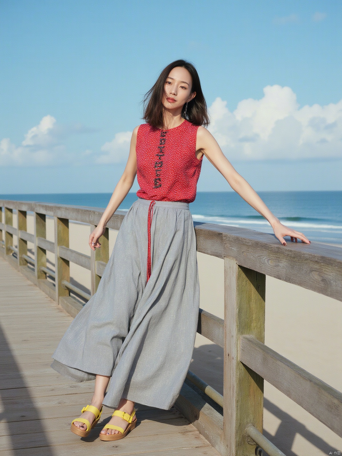 a young Asian woman is standing on a wooden boardwalk. She is facing the left side of the frame, her right arm is stretched out in front of her, her left hand resting on the railing. The woman's right leg is slightly bent at the elbow, her hair cascading down to her right. She's wearing a sleeveless red shirt with a pattern of red and white dots, and a long gray skirt with a red stripe down the center of the shirt. Her shoes are yellow, and she is wearing yellow sandals. The sand is a light brown, and the ocean is visible in the background. The sky is blue, with a few white fluffy clouds.The letters "SUNSHINE" were written on her chest. Her confidence was contagious to everyone.The 35M Kodak camera uses a movie lens to shoot, capturing its delicate skin texture.
