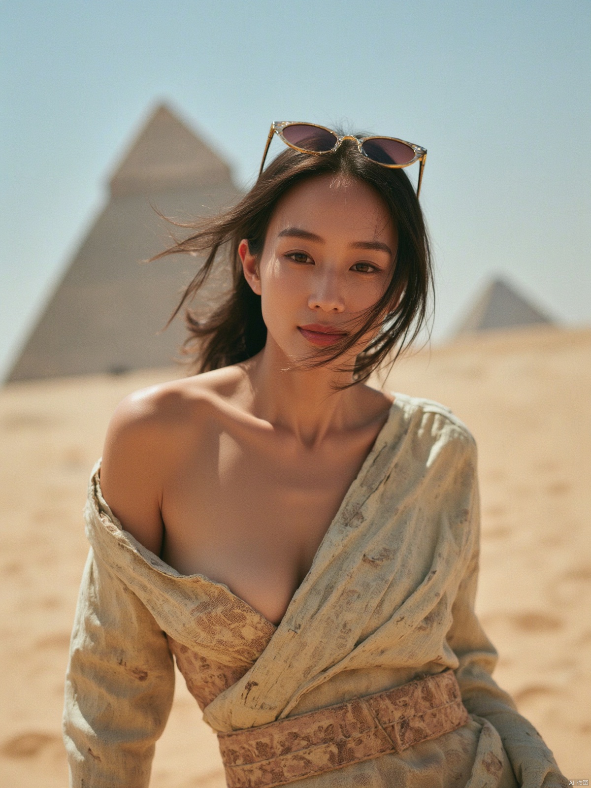 (RAW photo, 4k, realistic, exquisitely detailed skin),masterpiece,best quality,unity 8k wallpaper,ultra detailed,cinematic look,natural skin texture,extremely realistic skin texture,finely detailed face,(film grain:1.2),cinematic angle,Fujifilm XT3,,(highlydetailed),(bright scene),(In the windy Sahara Desert, with the Sphinx Pyramid in the back, a Chinese beauty, wearing a strapless low-cut robe and sunglasses on her head, looked at everyone with a smile,full body)