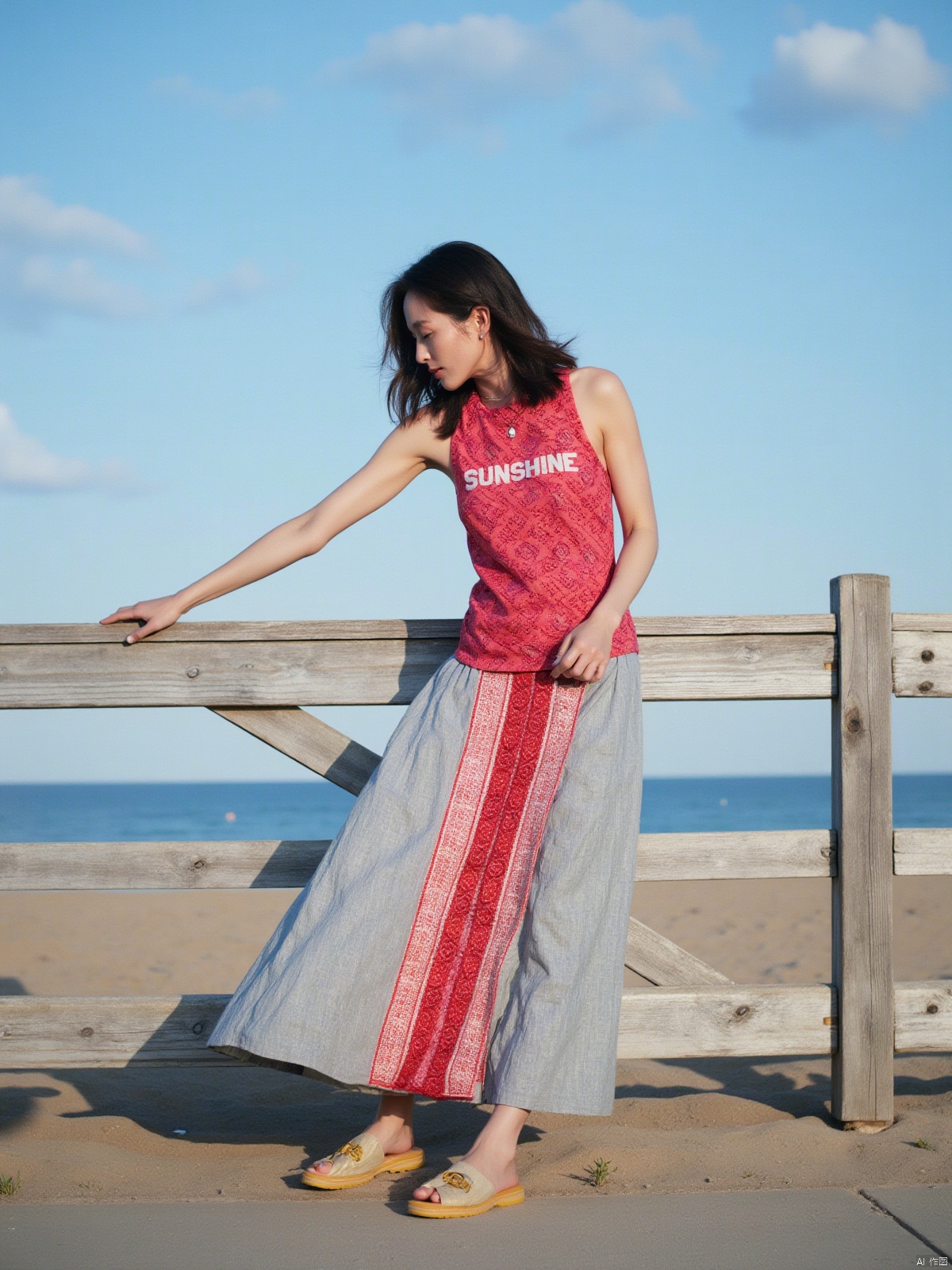 a young Asian woman is standing on a wooden boardwalk. She is facing the left side of the frame, her right arm is stretched out in front of her, her left hand resting on the railing. The woman's right leg is slightly bent at the elbow, her hair cascading down to her right. She's wearing a sleeveless red shirt with a pattern of red and white dots, and a long gray skirt with a red stripe down the center of the shirt. Her shoes are yellow, and she is wearing yellow sandals. The sand is a light brown, and the ocean is visible in the background. The sky is blue, with a few white fluffy clouds.The letters "SUNSHINE" were written on her chest. Her confidence was contagious to everyone.The 35M Kodak camera uses a movie lens to shoot, capturing its delicate skin texture.
