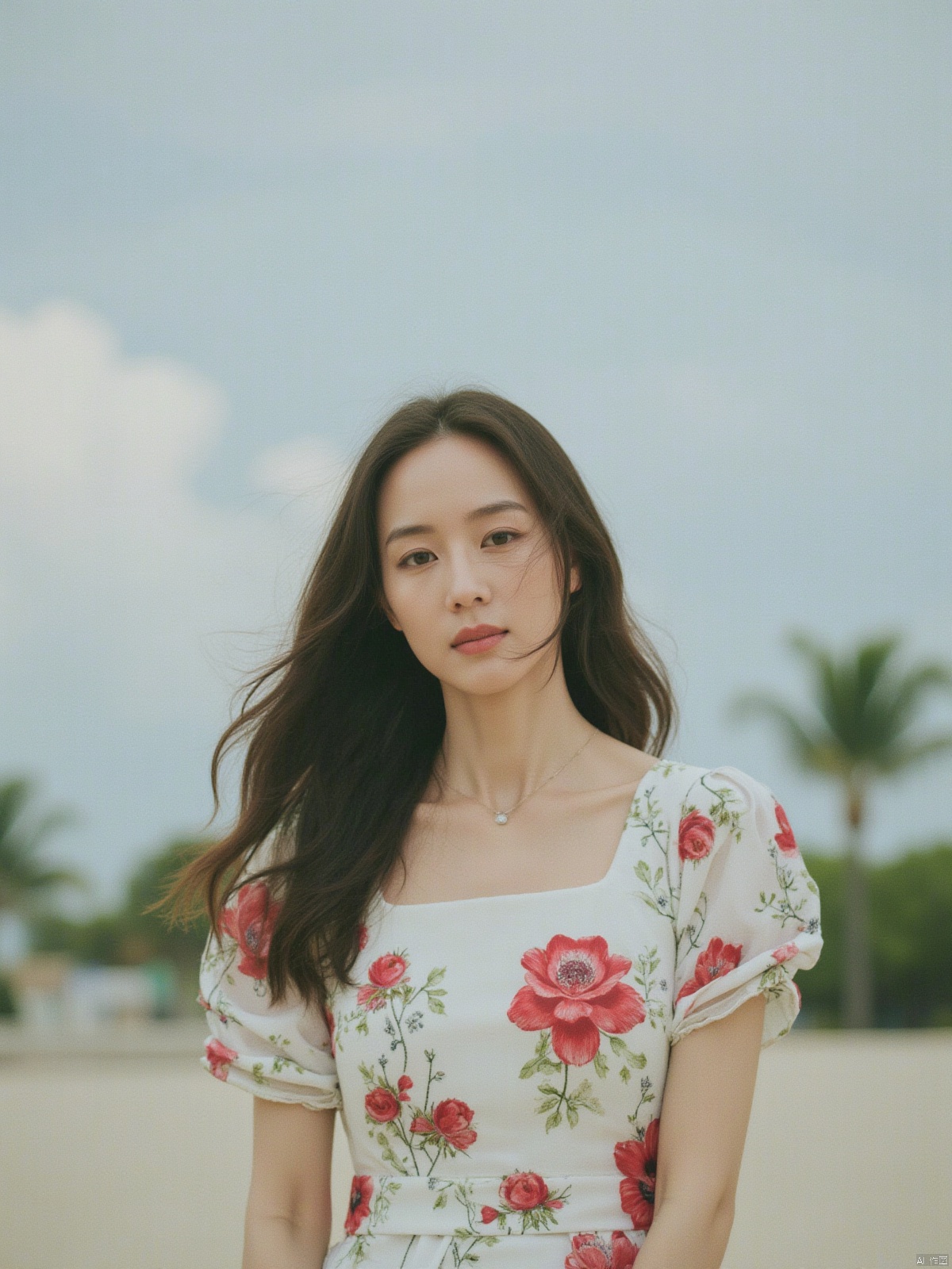 a young Asian woman stands in front of a backdrop of palm trees. She is white dress with a floral pattern, and her long dark brown hair cascades over her shoulders. Her dress is adorned with red flowers, adding a pop of color to the scene. The backdrop is a sandy beach, with a few palm trees in the distance. The sky is a muted blue, and a few wispy white clouds are visible in the upper left corner of the frame. Her confidence was contagious to everyone.Movie camera mode, shot with a 35M Kodak camera, featuring its delicate skin texture.