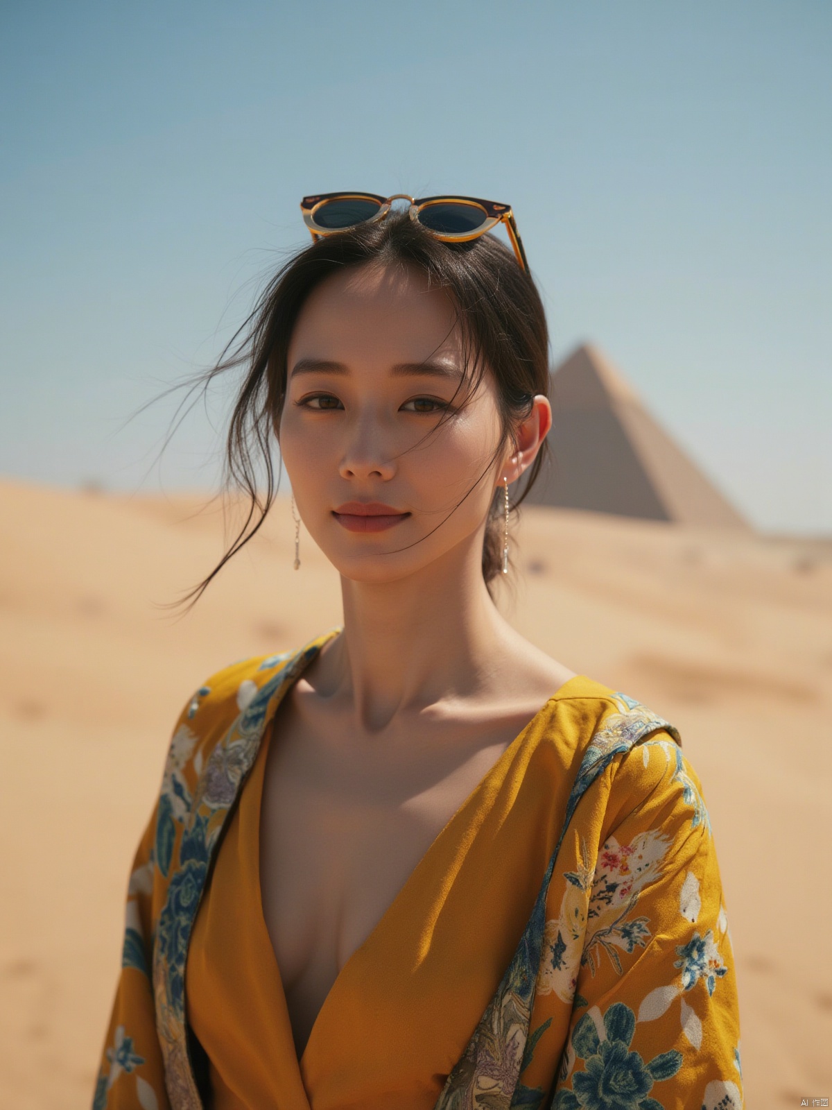 (RAW photo, 4k, realistic, exquisitely detailed skin),masterpiece,best quality,unity 8k wallpaper,ultra detailed,cinematic look,natural skin texture,extremely realistic skin texture,finely detailed face,(film grain:1.2),cinematic angle,Fujifilm XT3,,(highlydetailed),(bright scene),(In the windy Sahara Desert, with the Sphinx Pyramid in the back, a Chinese beauty, wearing a strapless low-cut robe and sunglasses on her head, looked at everyone with a smile,full body)