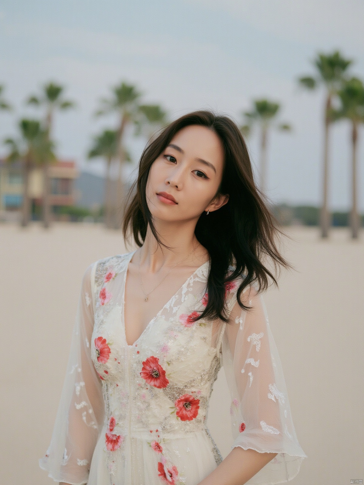 a young Asian woman stands in front of a backdrop of palm trees. She is white dress with a floral pattern, and her long dark brown hair cascades over her shoulders. Her dress is adorned with red flowers, adding a pop of color to the scene. The backdrop is a sandy beach, with a few palm trees in the distance. The sky is a muted blue, and a few wispy white clouds are visible in the upper left corner of the frame. Her confidence was contagious to everyone.Movie camera mode, shot with a 35M Kodak camera, featuring its delicate skin texture.