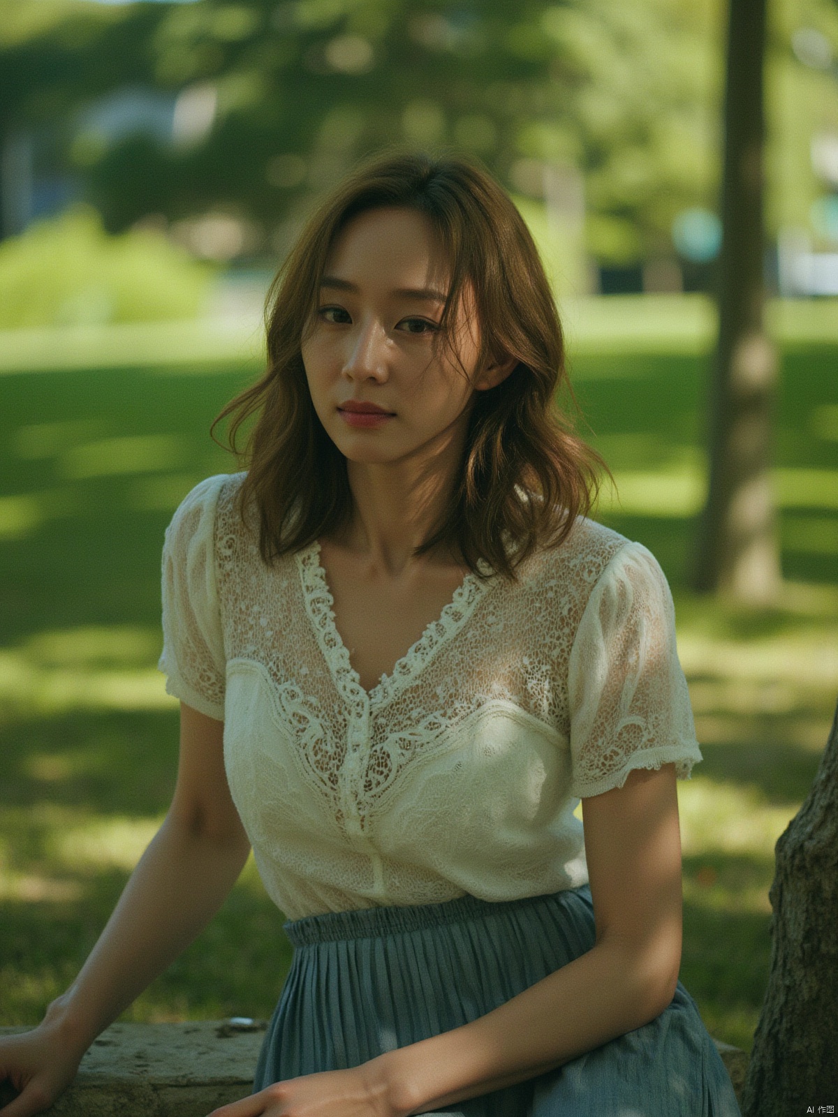 (RAW photo, 4k, realistic, exquisitely detailed skin),masterpiece,best quality,unity 8k wallpaper,ultra detailed,cinematic look,natural skin texture,extremely realistic skin texture,finely detailed face,(film grain:1.2),cinematic angle,Fujifilm XT3,,(highlydetailed),(bright scene),1girl, bench, blurry, brown eyes, brown hair, bush, dandelion, dappled sunlight, day, depth of field, field, foliage, forest, garden, grass, hill, lips, long hair, nature, on grass, on ground, outdoors, park, path, plant, realistic, river, road, school uniform, serafuku, shade, sitting, skirt, solo, squatting, sunlight, tree, tree shade, tree stump, under tree, white blouse
