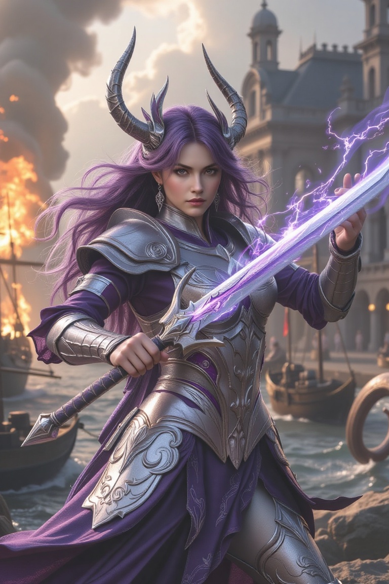 A captivating cinematic masterpiece of epic scale unveils a stunning female general knight,  her vibrant purple hair a str...