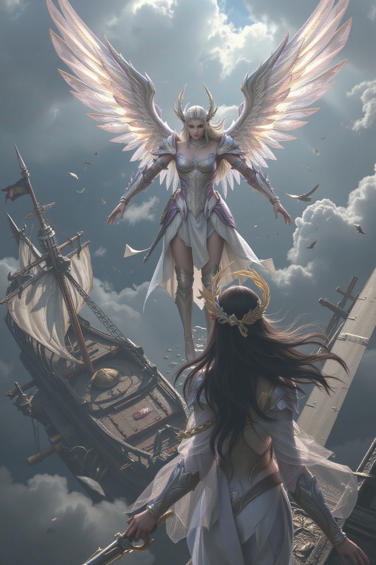 From a dramatic high-angle,  a noble angelic warrior mecha girl with large-glowing hologram wings and white-gold armor wat...