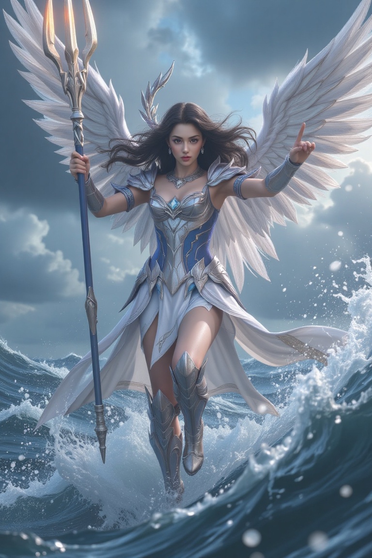 From a dynamic,  extremely low angle,  a beautiful Pacific Islander mecha-angel warrior girl with oversized eyes and long...