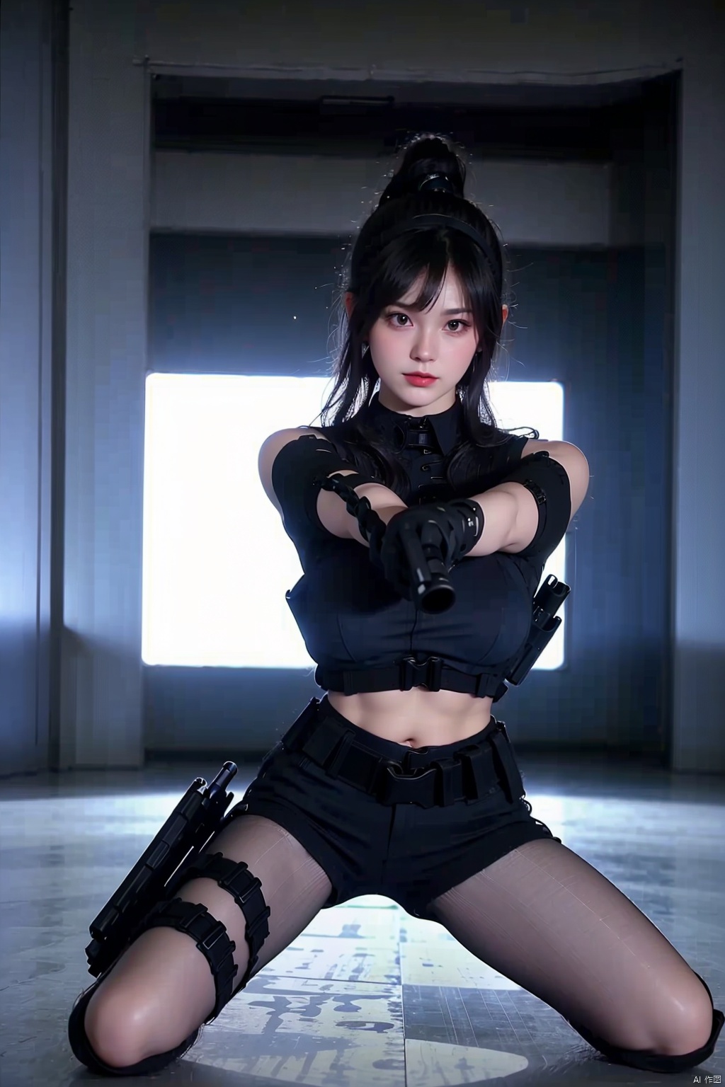 1girl solo looking at viewer black hair gloves navel holding bare shoulders full body weapon pantyhose shorts sleeveless b...