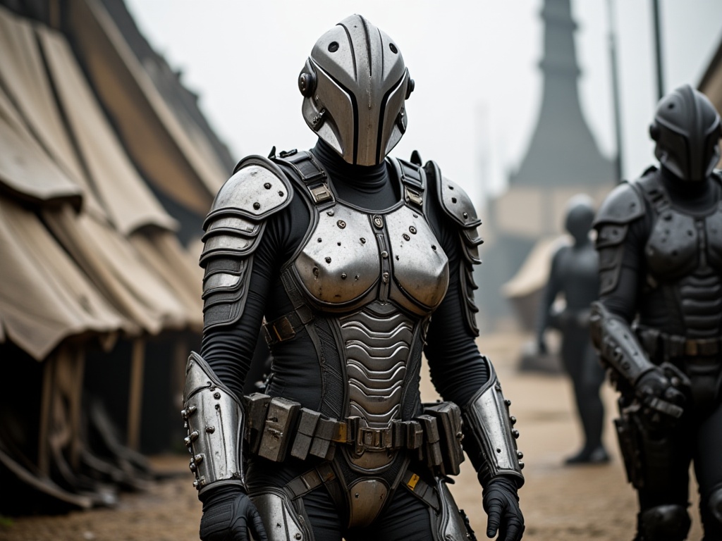 Solo gallente haevy dropsuit standing on battlefield, Full body.
