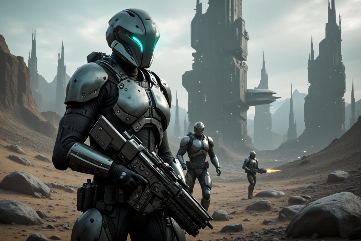  FuturisticWarrior style,,This image portrays amarr heavy cityscape in the background