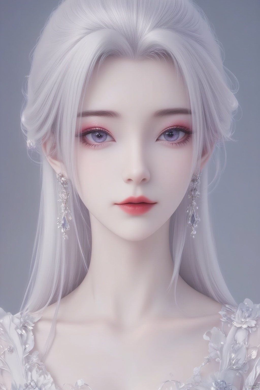 1girl, solo, jewelry, closed mouth, white hair, earrings, necklace, lips, eyelashes, makeup, lipstick, pale skin, portrait, close-up, red lips