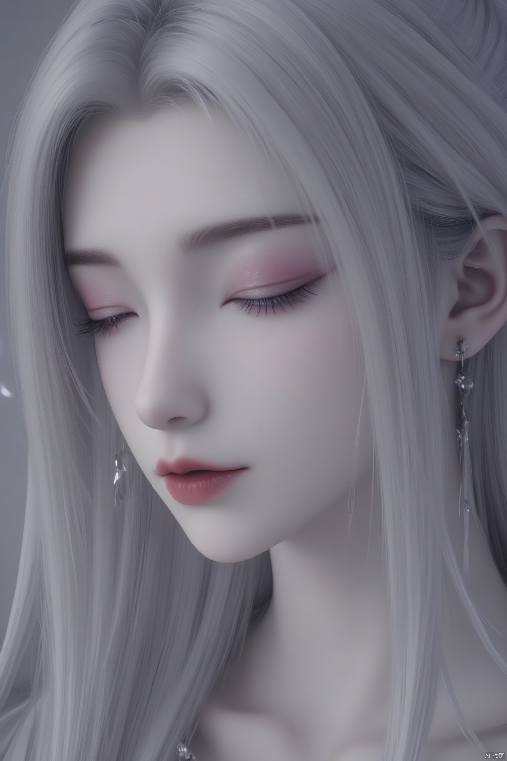 she is closed eyes,An eye-level perspective, a close-up of a woman's face, is depicted in a 3D monochromatic fashion. The woman's lips are painted a vibrant shade of pink, and her eyes are adorned with black eyelashes. Her hair, a light gray, is cascading down her shoulders, framing her face. She is wearing a necklace around her neck, adding a touch of charm to the scene.