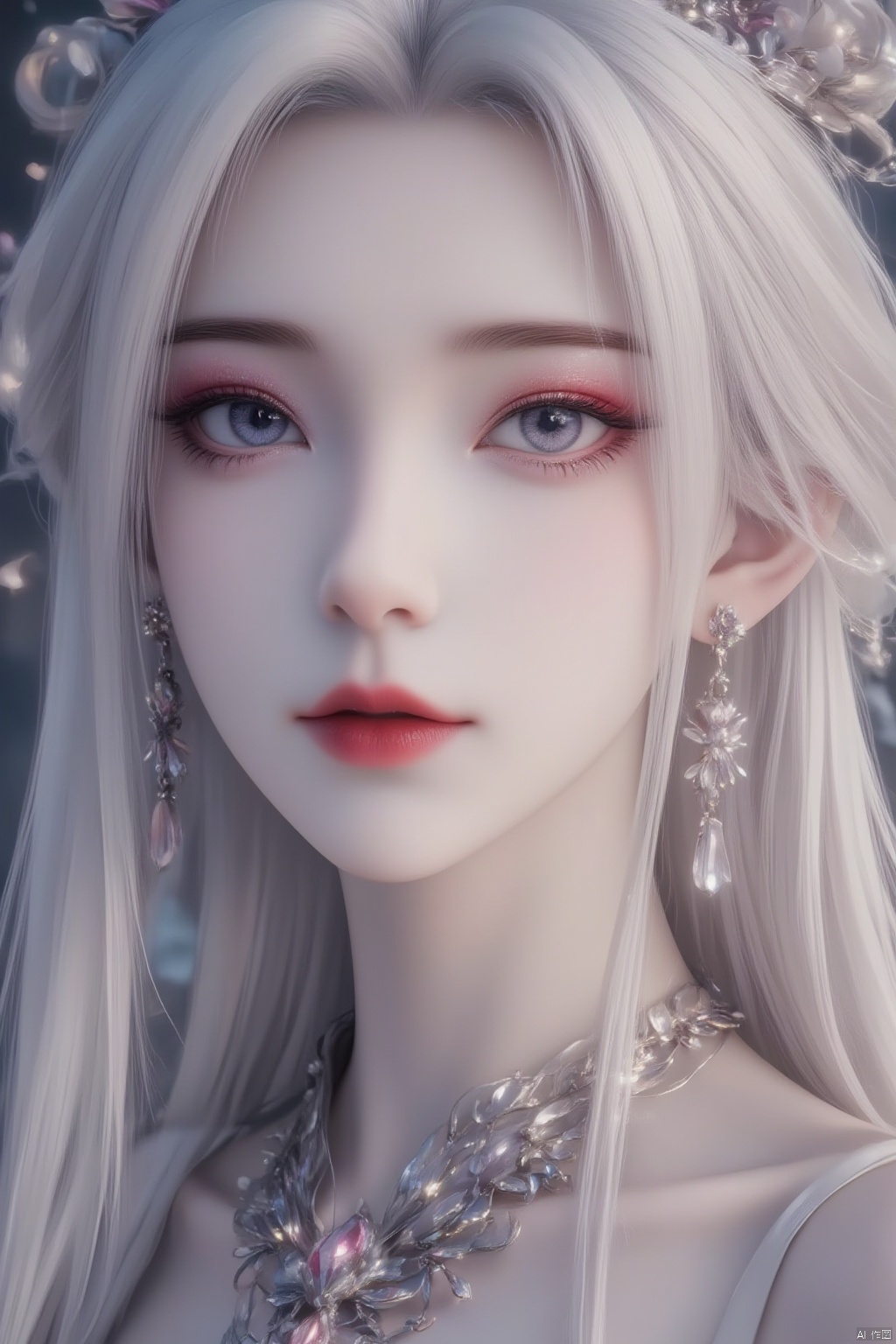 1girl, solo, jewelry, closed mouth, white hair, earrings, necklace, lips, eyelashes, makeup, lipstick, pale skin, portrait, close-up, red lips