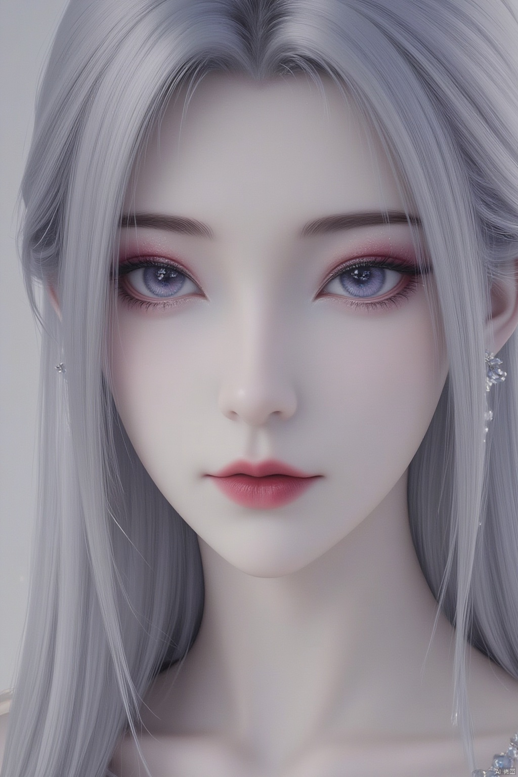 An eye-level perspective, a close-up of a woman's face, is depicted in a 3D monochromatic fashion. The woman's lips are painted a vibrant shade of pink, and her eyes are adorned with black eyelashes. Her hair, a light gray, is cascading down her shoulders, framing her face. She is wearing a necklace around her neck, adding a touch of charm to the scene.