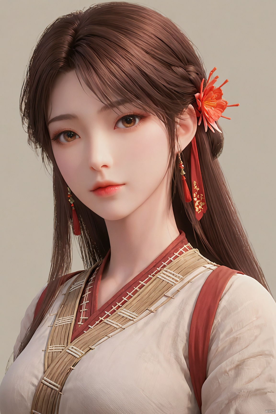 score_9_up,score_8_up,score_7_up,HSN,1girl, solo, long hair, looking at viewer, simple background, brown hair, hair ornament, brown eyes, jewelry, closed mouth, upper body, flower, earrings, hair flower, lips, chinese clothes, realistic, hanfu