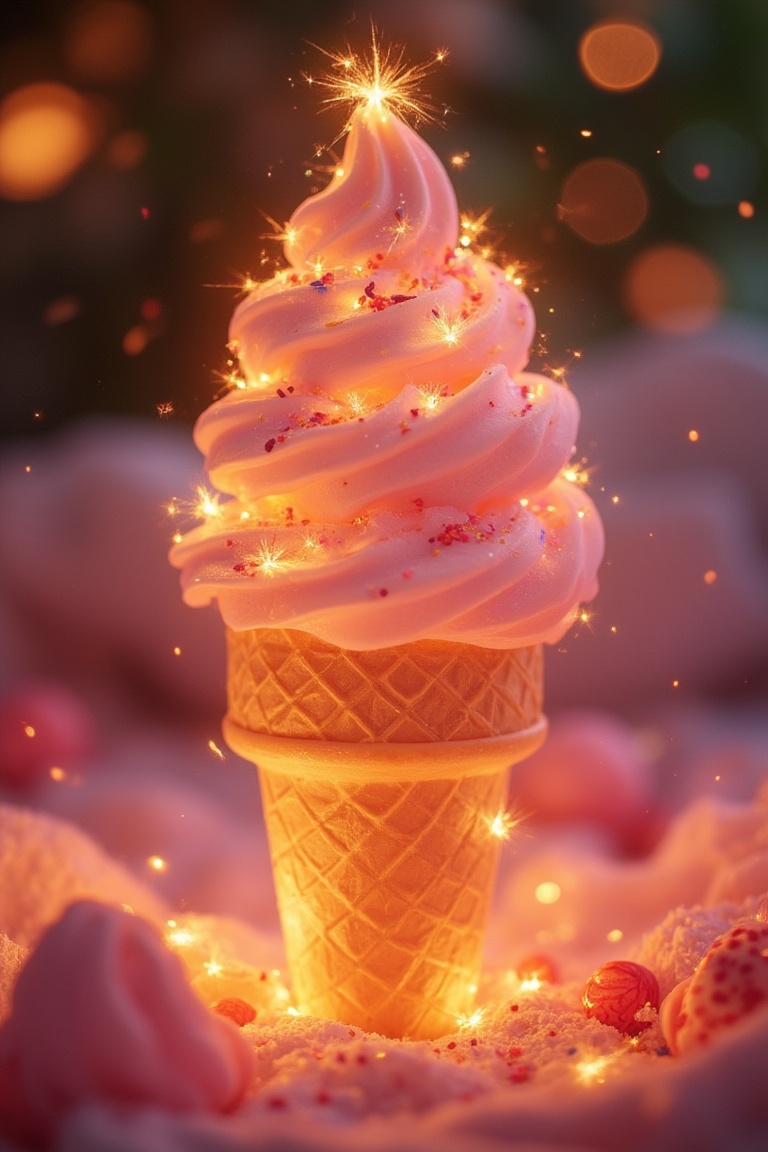 A delectable ice cream cone,  its surface glowing with a soft,  sparkling light on Tensor.Art