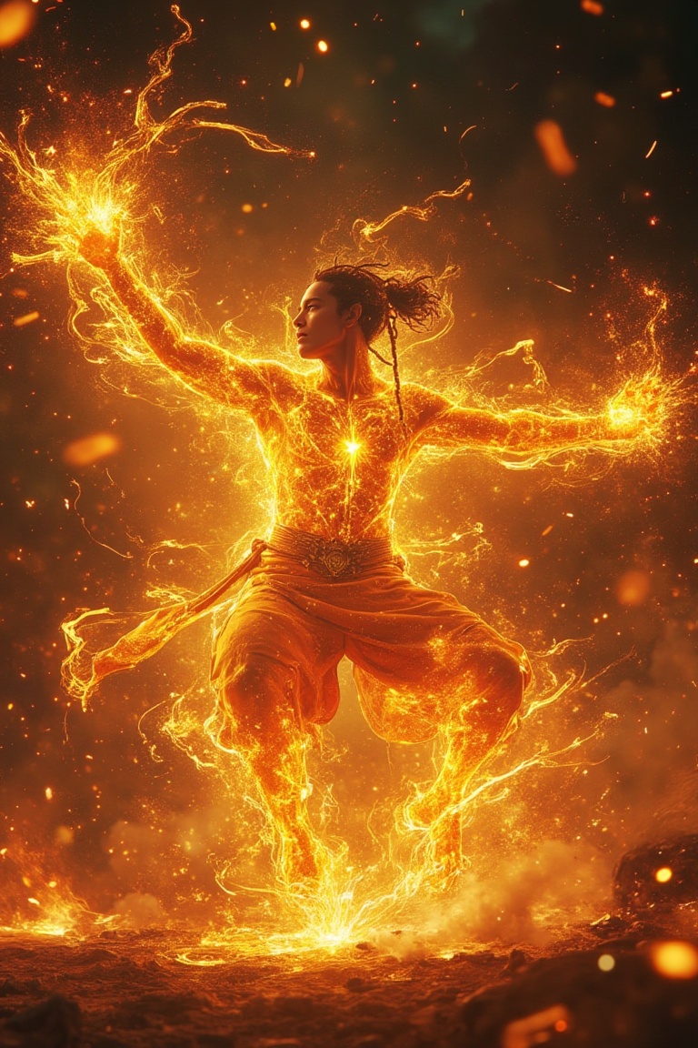 A dynamic action scene featuring a handsome Mangwa man,  his body glowing with sparkling energy as he engages in fierce co...