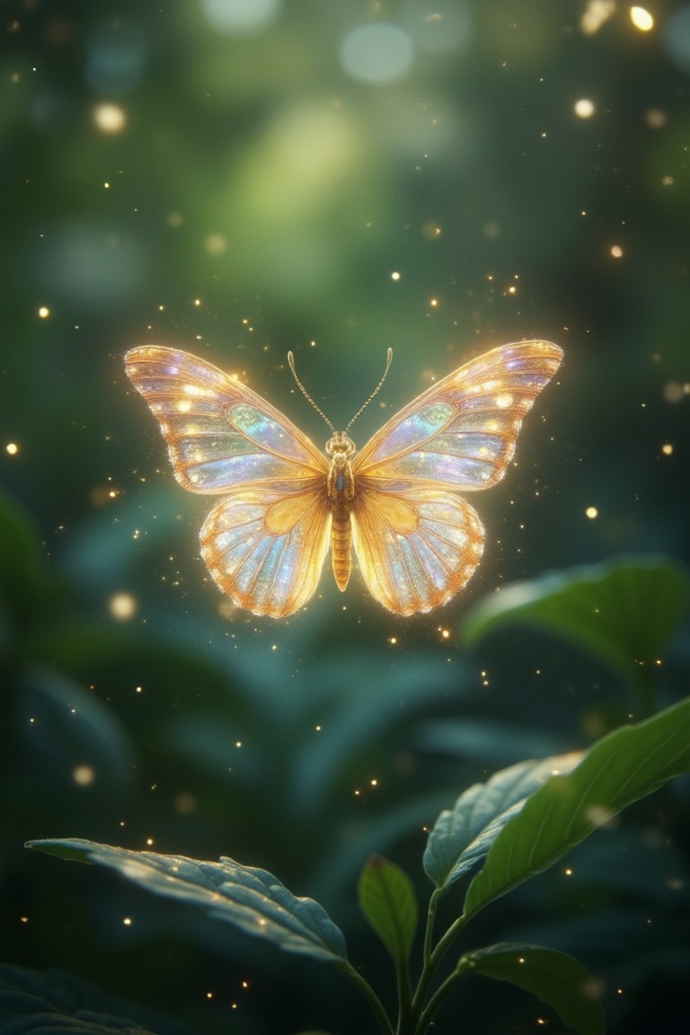 A delicate butterfly with iridescent wings,  glowing with a soft,  sparkling light on Tensor.Art