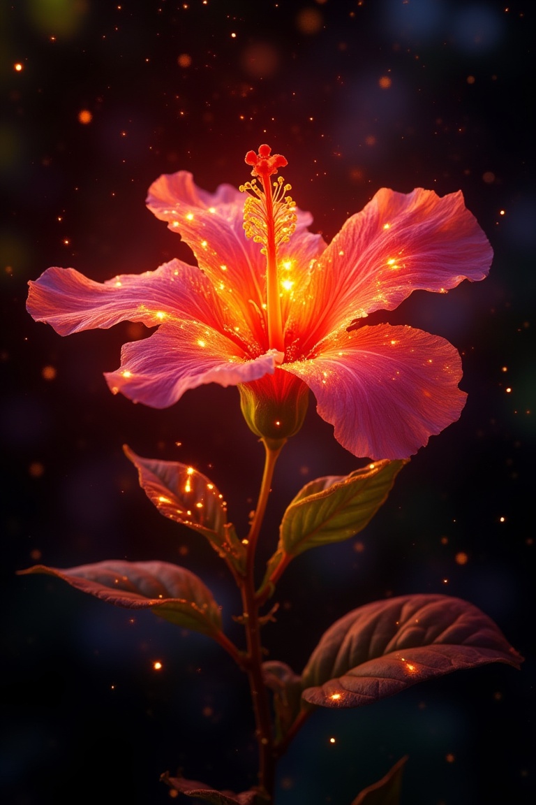 A vibrant hibiscus flower,  its petals glowing with a soft,  sparkling light on Tensor.Art