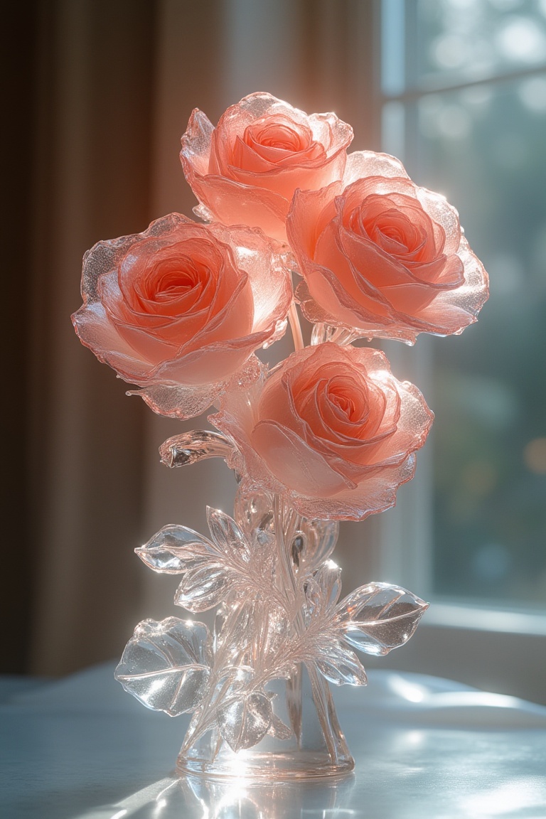 A stunning scene featuring a crystal glass sculpture of a bouquet of roses,  bathed in soft,  radiant lighting. The roses...