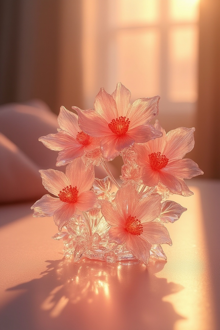 A delicate scene featuring a crystal glass sculpture of a bouquet of flowers,  bathed in soft,  radiant lighting. The flow...