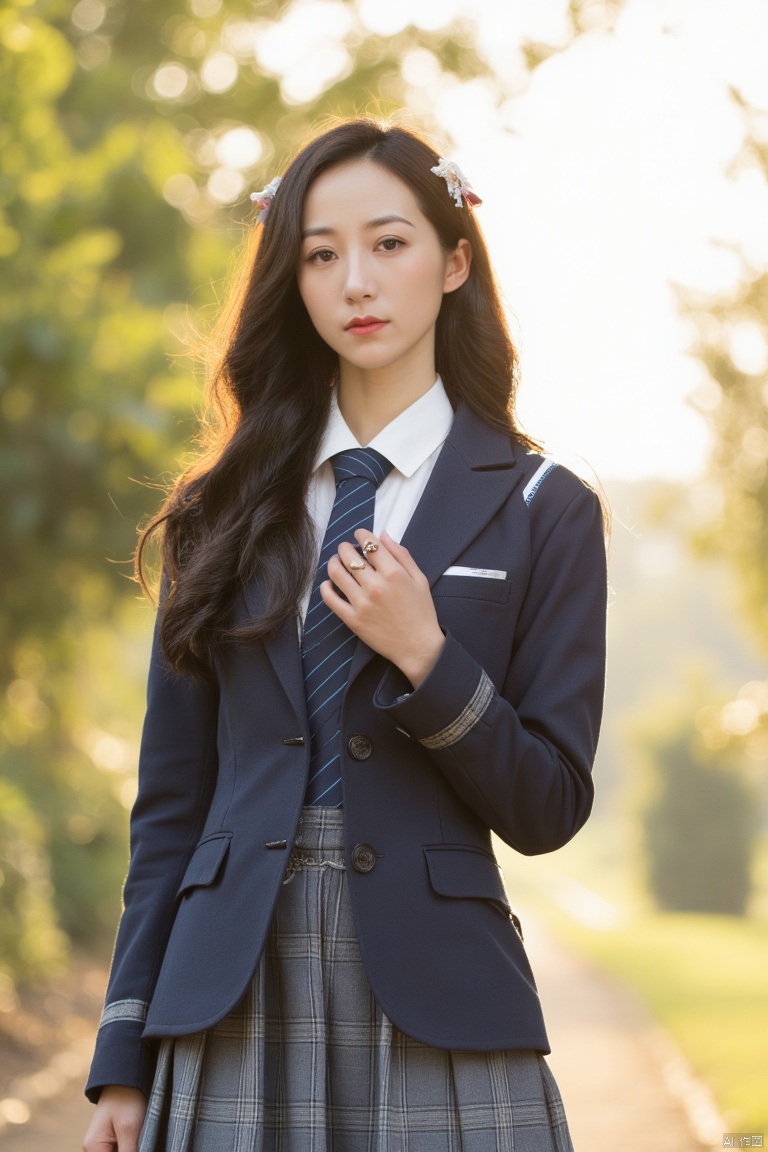 sonw, luoxue,Softly lit afternoon sunlight casts a warm glow on a serene serafuku-clad woman standing solo in a lush outdoors setting. Her long brown hair is adorned with a delicate hair ribbon and ornament, which complements her crisp blue jacket and necktie that match her pleated skirt's subtle pattern. A blue ribbon accents her upper body as she poses with a closed-mouth expression and direct gaze into the camera lens. The blurred background of a sunny sky provides a soothing contrast to the intricate details of her school uniform, complete with buttons and long sleeves.