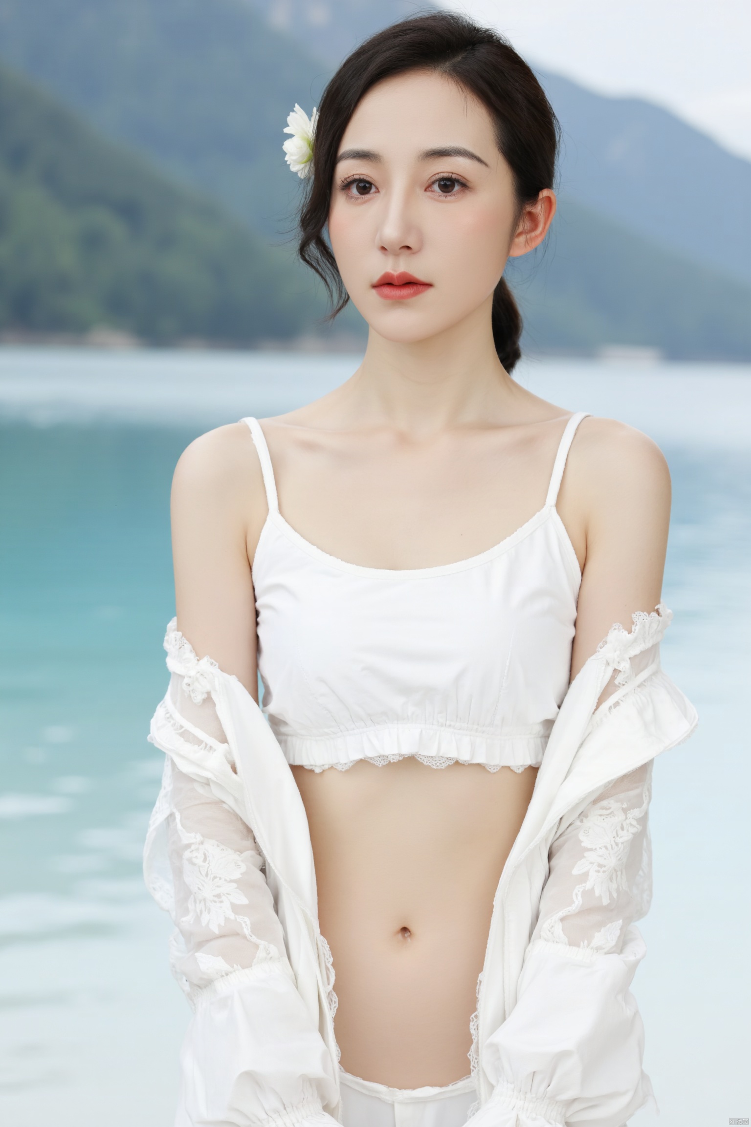 Young Asian woman
She was wearing a white beach bikini and a white cutout coat. Her hair was pulled back into a ponytail
She wears a small white flower in her hair. She was standing in front of a body of water
In the background are trees and mountains. The woman's eyes were dark blue
Her lips were bright red
Add a popular color to the scene. The background is blurry
Create a peaceful and peaceful atmosphere.
Masterpiece, very detailed, very beautiful