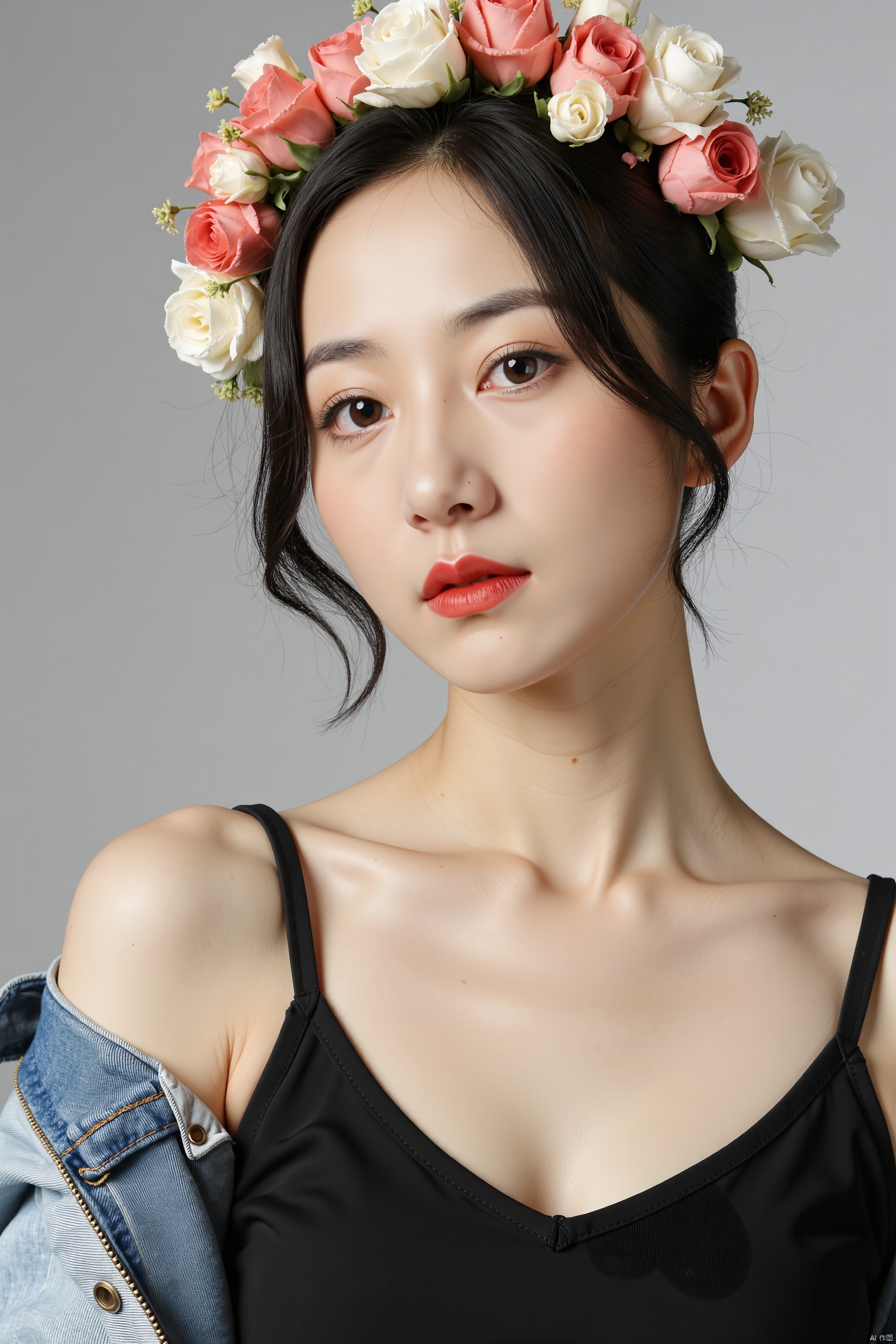 A young Asian woman wearing a flower wreath,best quality,high resolution,unity 8k wallpaper,(illustration:1),perfect lighting,extremely detailed CG,finely detail,extremely detailed,soft lighting and shadow,soft yet striking lighting,film grain:1.2,(skin pores:1.2),(detailed skin texture:1),((solo:1.5)),Detailed face,(see-through:1.1),misty,Low Key:1.1,depth of field,
Stylish Summer Fashion: A Model in a Denim Jacket and Black **** Top,Accessorized with Earrings.,Small Strap,Large Chest,