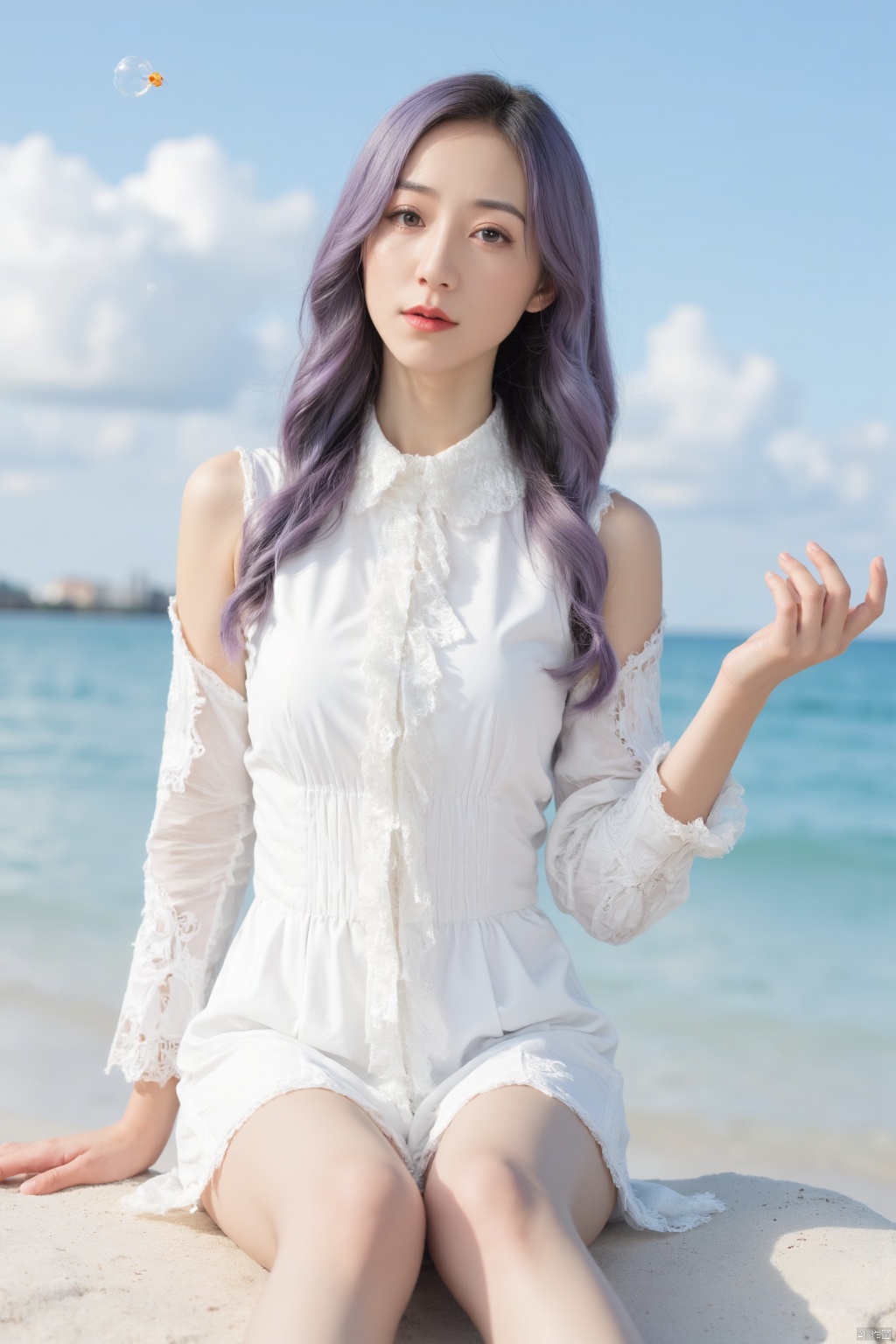 Masterpiece, the best quality, high quality, (colorful) , big breasts,,(purple hair:1.4),(long legs:1.3), (1girl:0.6),thin,very long hair,(blue hair),white hair ends,small breasts,sea blue eyes,closed mouth,white dress,([coral like hairpin]),happy,bubble,fish,sand,seabed,full body,masterpiece,best quality,official art,extremely detailed CG unity 8k wallpaper,vibrantProj,1girl,cozy animation scenes