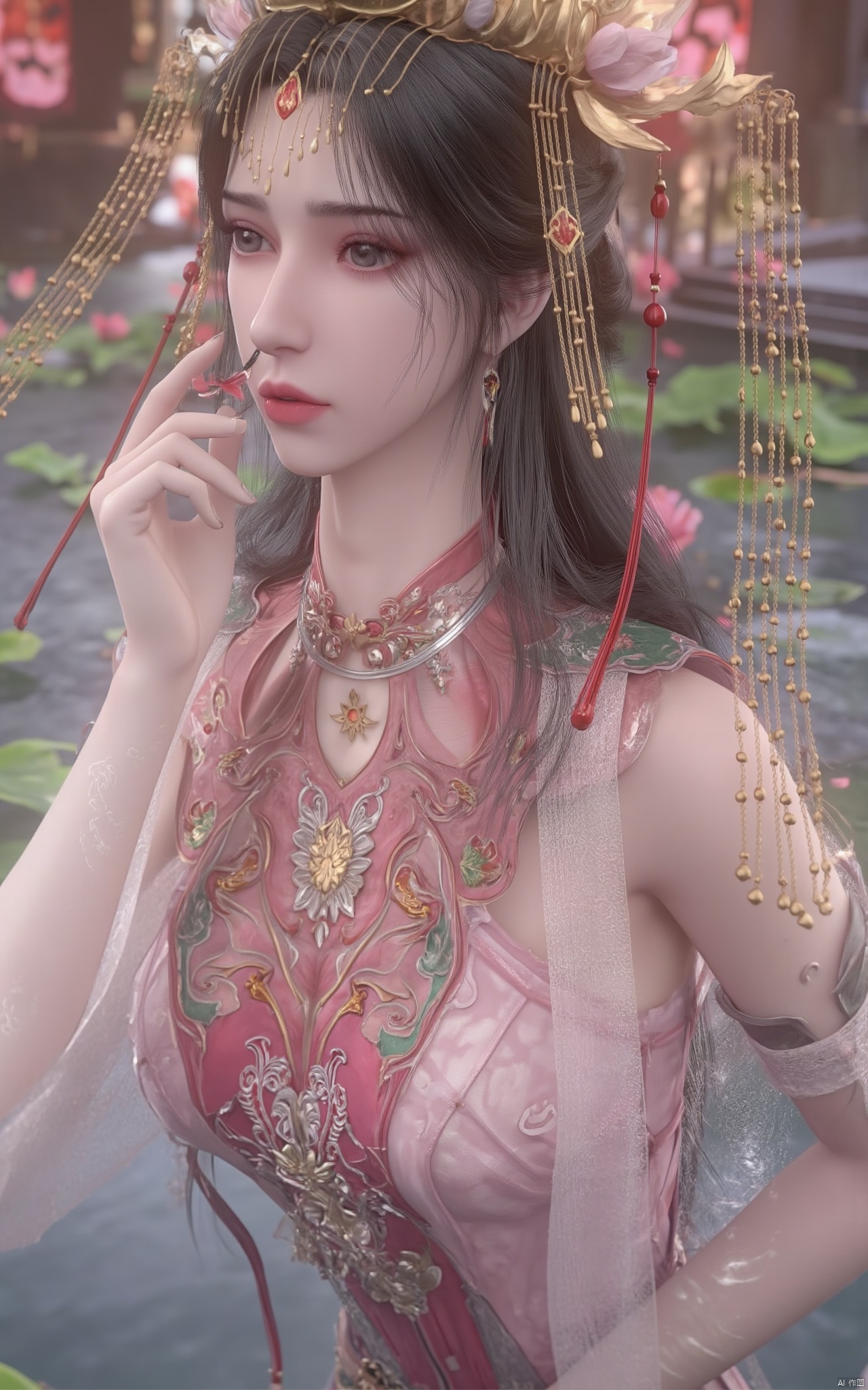 Masterpiece, the best quality, high quality,1girl,(huge breasts:1.59),(pink lotus flowers:1.39),Xxiaoyixian,Xyafei,XMGqipao,Xxueshifu,XyunxiPVC,Xdunhuangfeitian,Xlimuwan,Xhaiqinyan