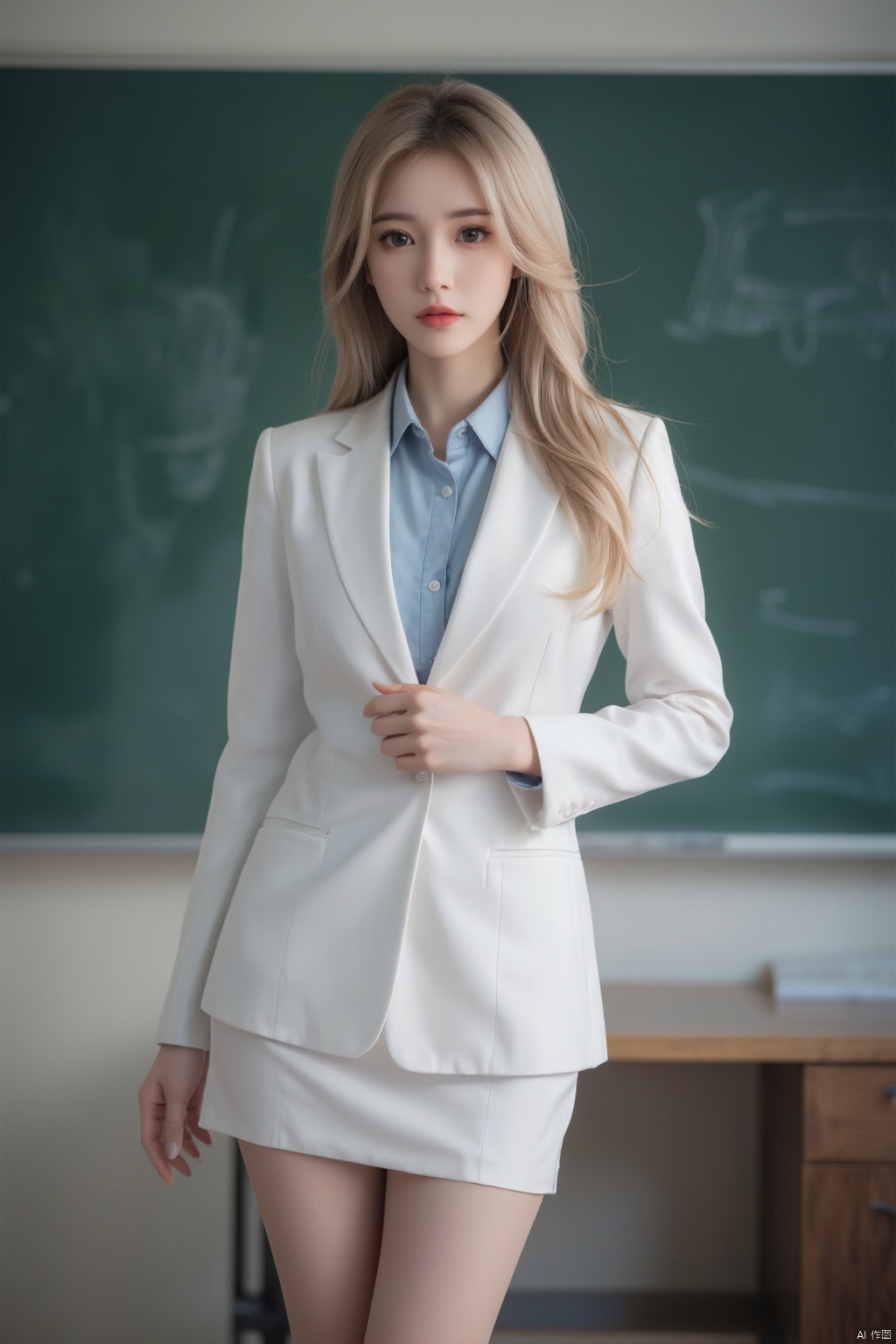 1girl, long legs, white business attire, short skirt, black stockings, standing in front of the blackboard, eyes fascinated,(big breasts:1.59),Xhaiqinyan,Xlimuwan,Xhbch,Xsanshang