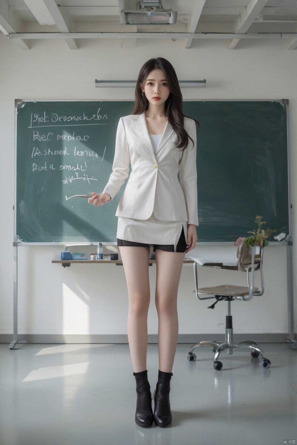 1girl, long legs, white business attire, short skirt, black stockings, standing in front of the blackboard, eyes fascinated,(big breasts:1.59),Xhaiqinyan,Xlimuwan,Xhbch,Xsanshang