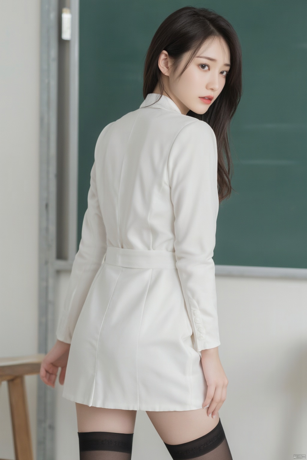 1girl, long legs, white business attire, short skirt, black stockings, standing in front of the blackboard, eyes fascinated,(big breasts:1.99),Xhaiqinyan,Xlimuwan,Xhbch,Xsanshang
