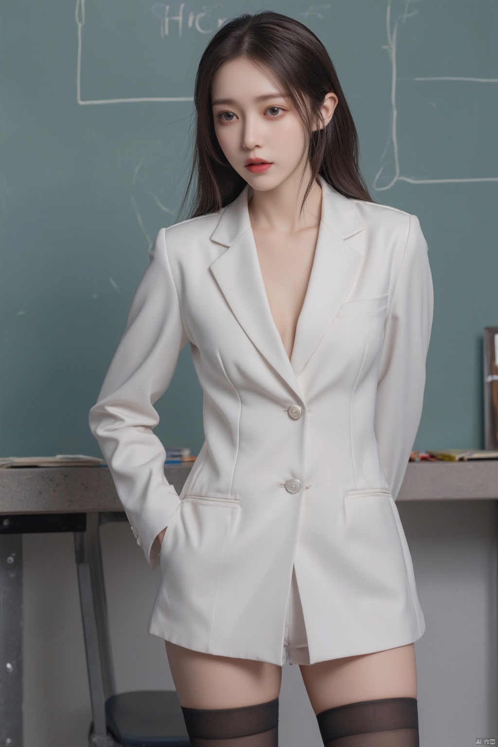 1girl, long legs, white business attire, short skirt, black stockings, standing in front of the blackboard, eyes fascinated,(big breasts:1.89),Xhaiqinyan,Xlimuwan,Xhbch,Xsanshang