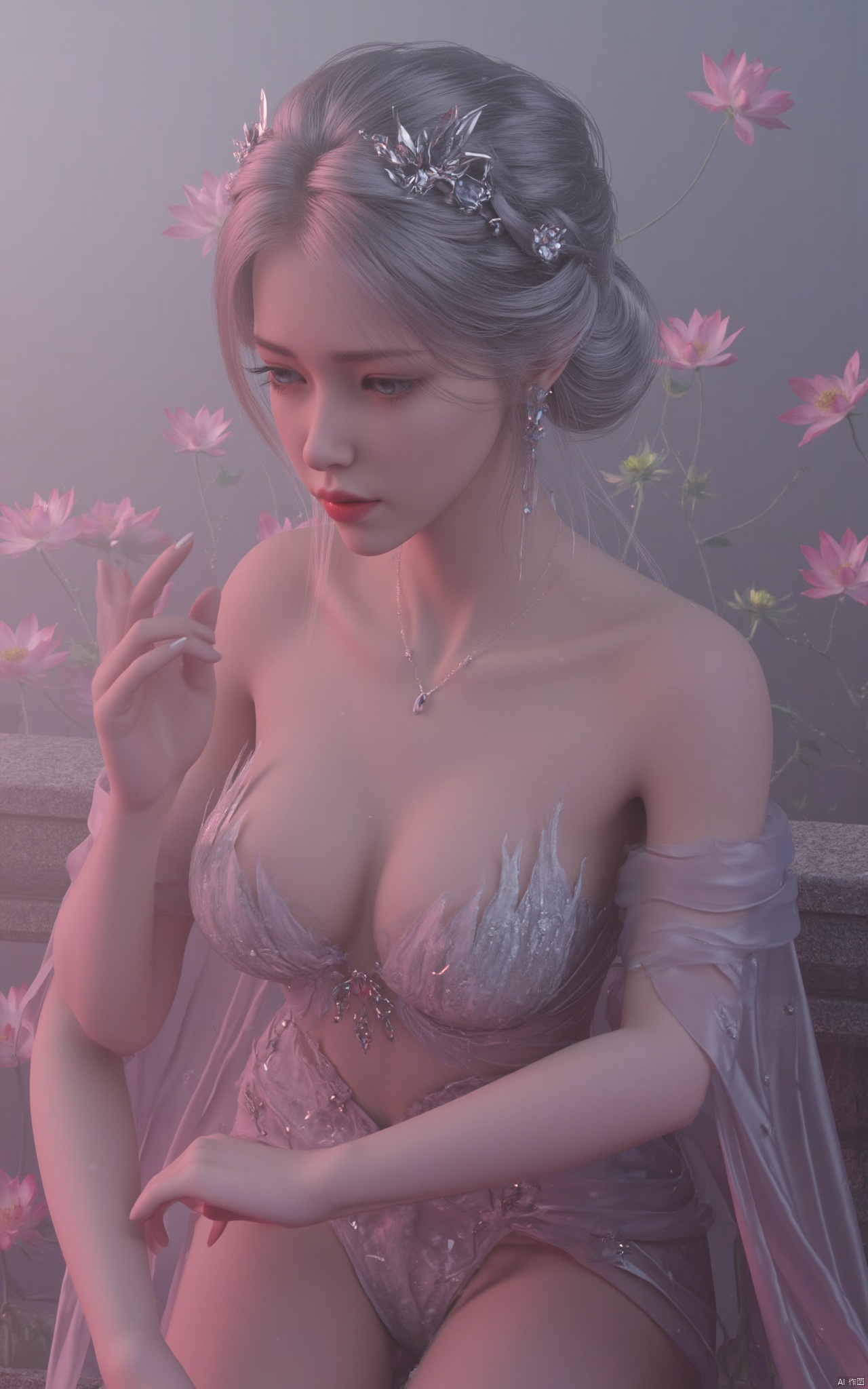 Masterpiece, the best quality, high quality,1girl,(huge breasts:1.59),(pink lotus flowers:1.39),Xxiaoyixian,Xyafei,XMGqipao,Xxueshifu,XyunxiPVC,Xdunhuangfeitian,Xlimuwan,Xhaiqinyan