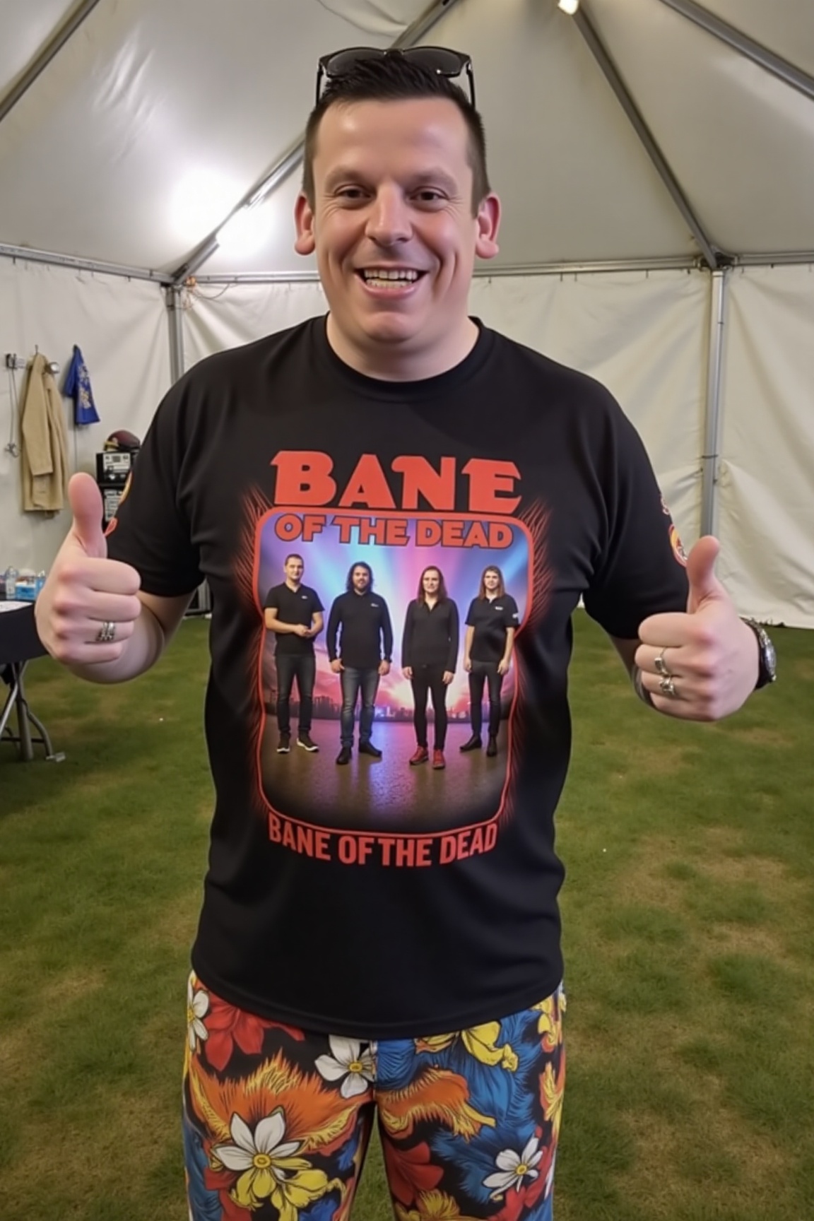 A high-resolution photograph of Dave Chisnall standing in a tent at a rock festival,  smiling and giving a thumbs-up gestu...