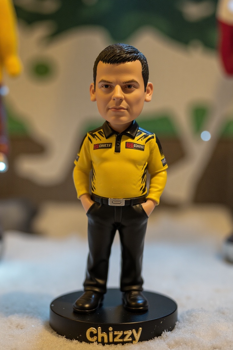 This is a high-resolution photograph of a detailed,  miniature bobblehead action figure of Dave Chisnall,  standing on a r...