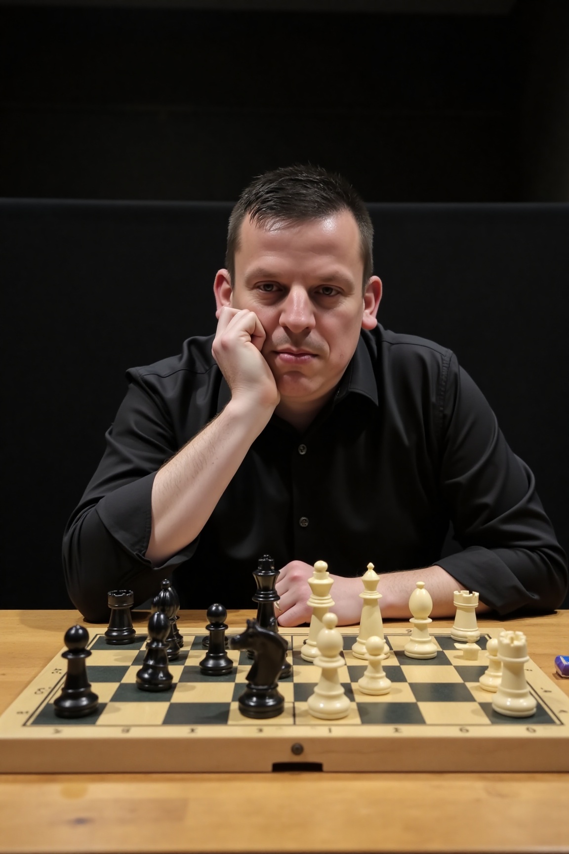A high-resolution photograph of Dave Chisnall playing chess. The man,  who appears to be in his mid-30s,  has short on Ten...