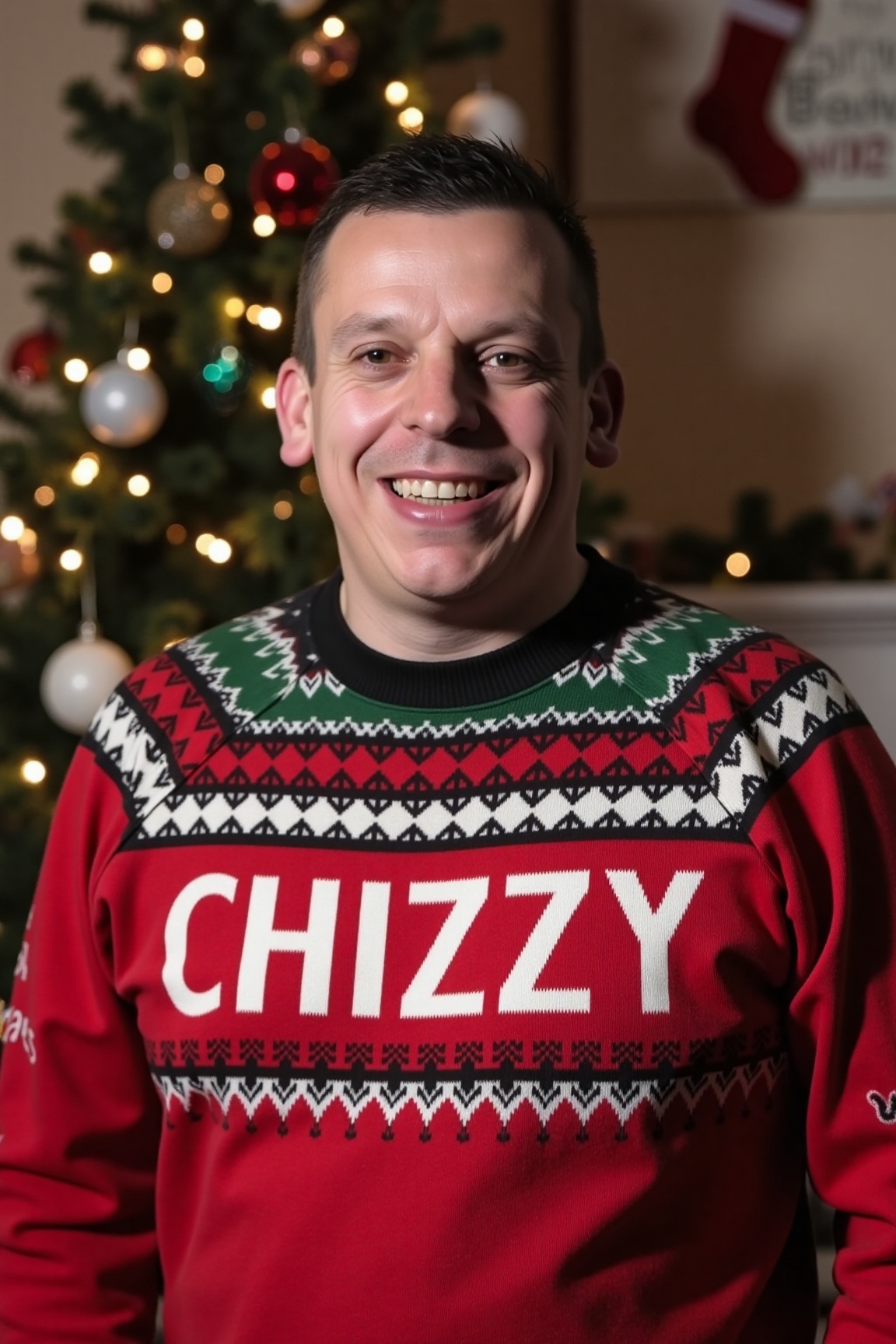 The image is a high-resolution photograph of Dave Chisnall smiling,  wearing a Christmas themed sweater with the words "CH...