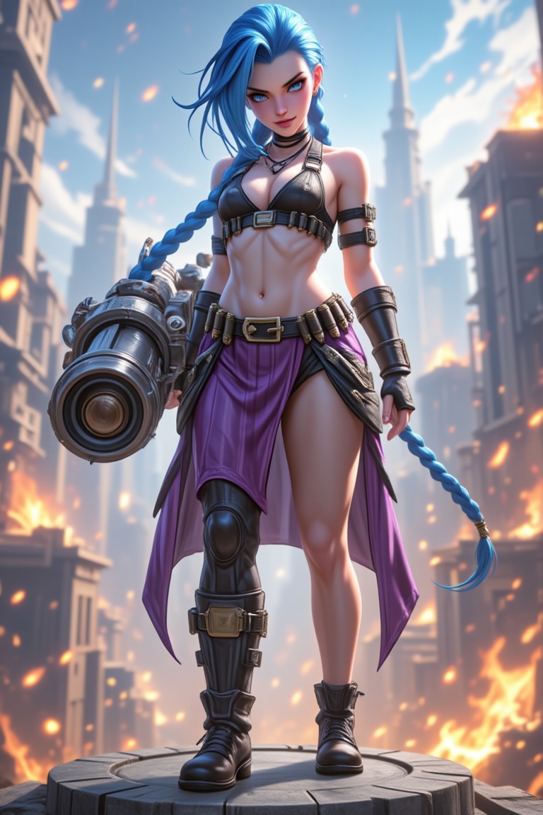 a woman in Jinx outfit,  (with huge gatling gun1.2),  standing on the roof on Tensor.Art