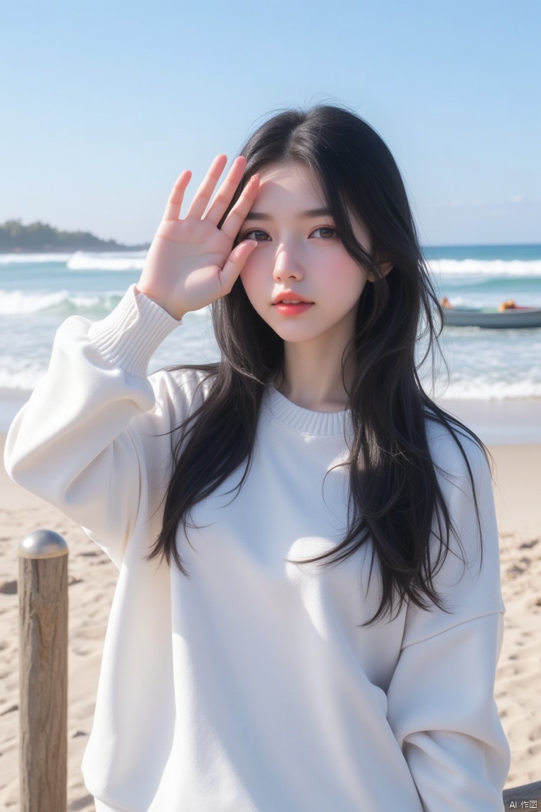 This is a high-resolution, casual half body portrait photo. The subject of the photo is a young woman wearing a white sweater. She has black hair hanging over her shoulders. v, blocking the sunlight as if enjoying the sea view. The background shows the beach and the ocean, with waves crashing against the coast and a small boat anchored on the beach.