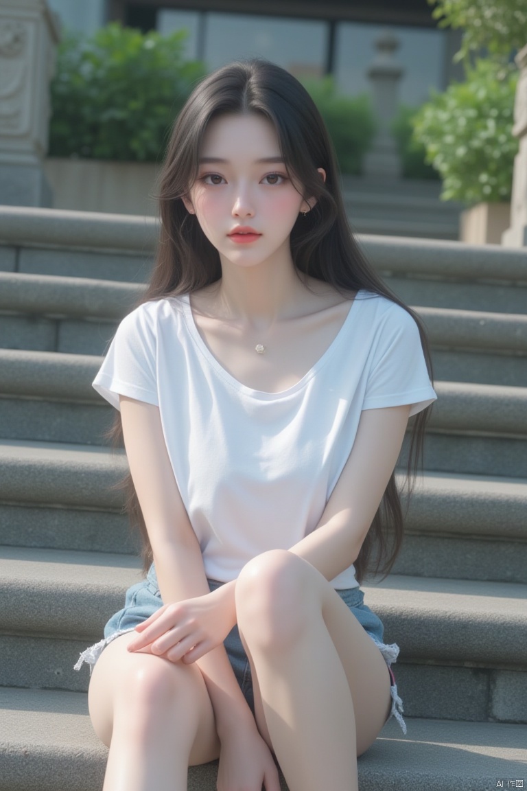 A serene 8K photo, eye shadow, red lips, Added a whimsical atmosphere. delicate face, A young woman with long black hair, wearing a white t-shirt and denim shorts, sat on a set of gray stone steps. The lady crossed the steps with her left leg and placed her right leg on the steps. She was wearing a pair of casual shoes with her right hand on her lap. The image background is clear, with green plants and stone carvings in the upper right corner. ﻿﻿
﻿