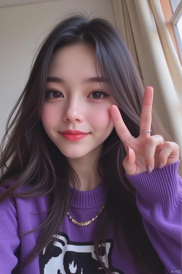 The image is a selfie of a young woman with long dark hair. She is wearing a purple sweater with a black and white patterned design on it. She is making a peace sign with her left hand. The woman is smiling and looking directly at the camera. The background appears to be a room with a window and a curtain. 1girl, solo, long hair, looking at viewer, black hair, jewelry, nail polish, sweater, lips, fingernails, v, ring, curtains, realistic, v,