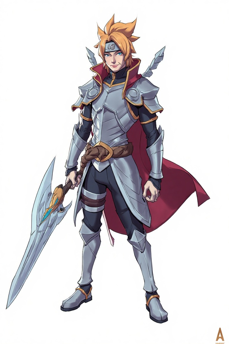 nh0j_style,  a cartoon drawing of naruto with knight outfit,  hold long sword. the background is white. in the style of t0...