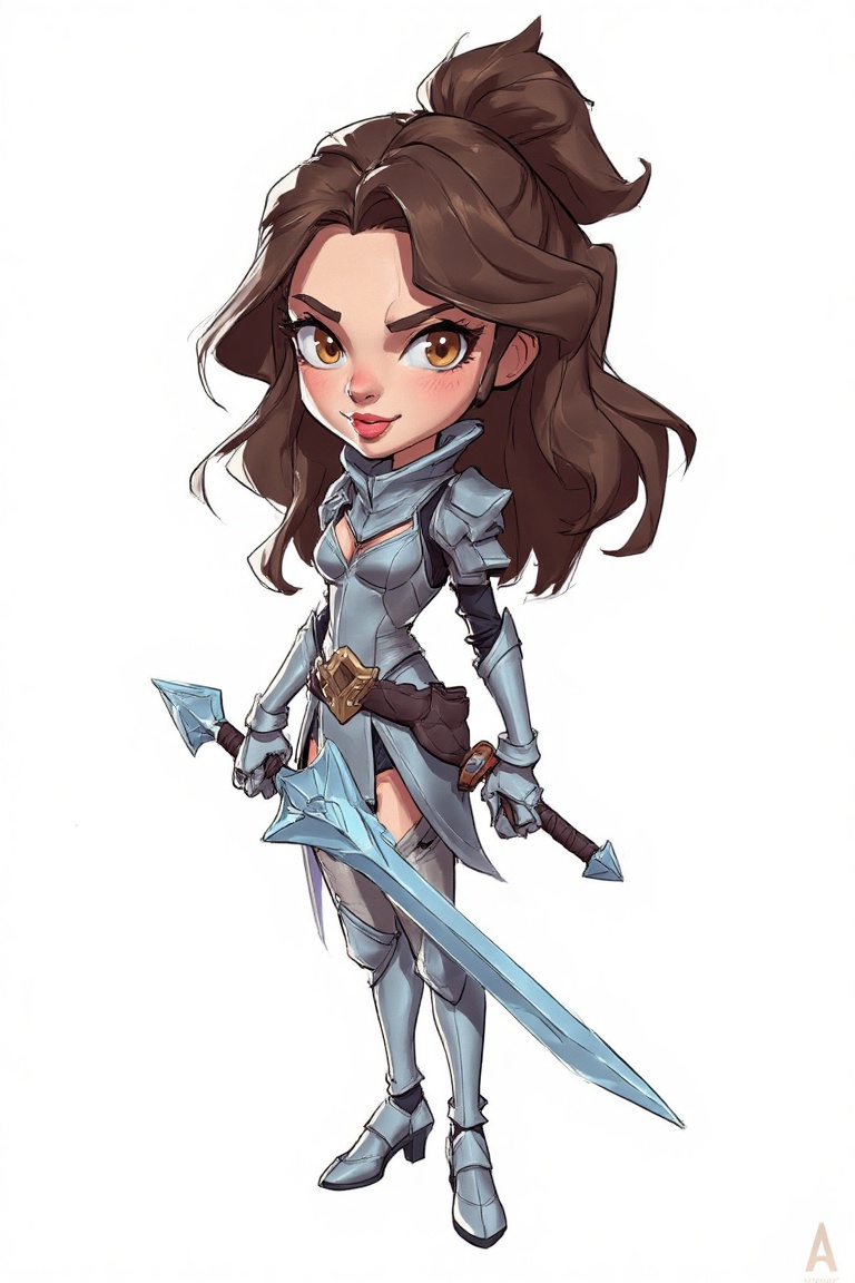 nh0j_style,  a cartoon drawing of angelina jolie with knight outfit,  hold long sword. the background is white. in the sty...