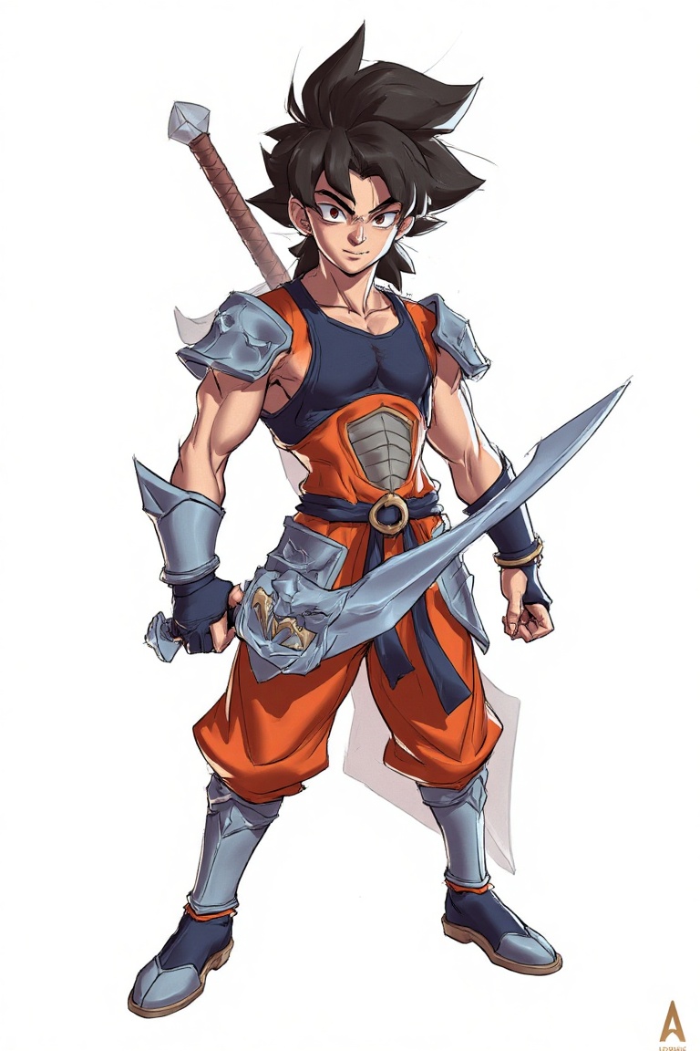 nh0j_style,  a cartoon drawing of son goku with knight outfit,  hold long sword. the background is white. in the style of...