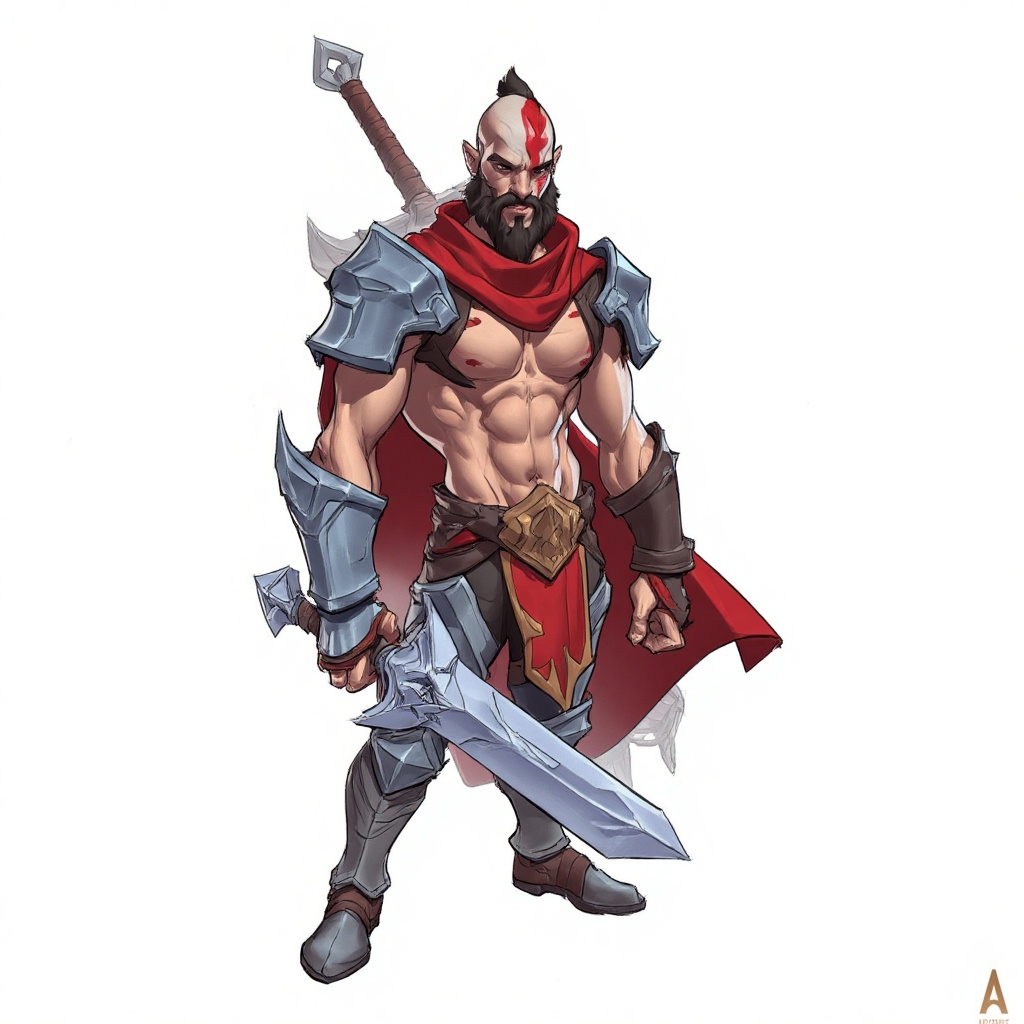 nh0j_style,  a cartoon drawing of kratos god of war with knight outfit,  hold long sword. the background is white. in the...