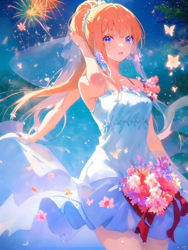 anime style,A beauty, best quality, masterpiece, super clear,  posing cutely,fireworks blooming behind her at night,blonde hair,Karuizawa Kei