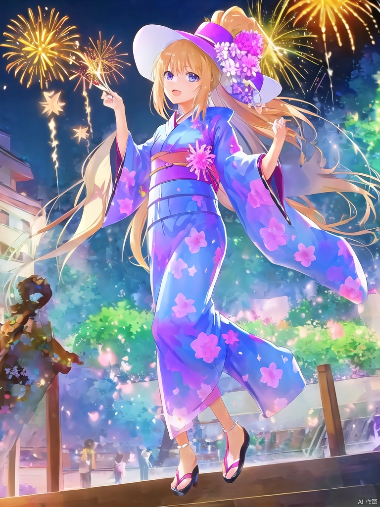 anime style,A beauty, best quality, masterpiece, super clear, full body shot, posing cutely,fireworks blooming behind her at night, colorful, wearing purple kimono, exquisite dress,blonde hair,Karuizawa Kei