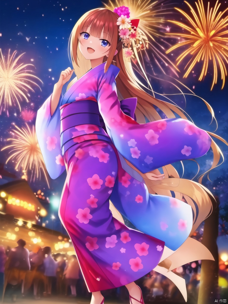 anime style,Karuizawa Kei,A beauty, best quality, masterpiece, super clear, full body shot, posing cutely,fireworks blooming behind her at night, colorful, wearing purple kimono, exquisite dress 